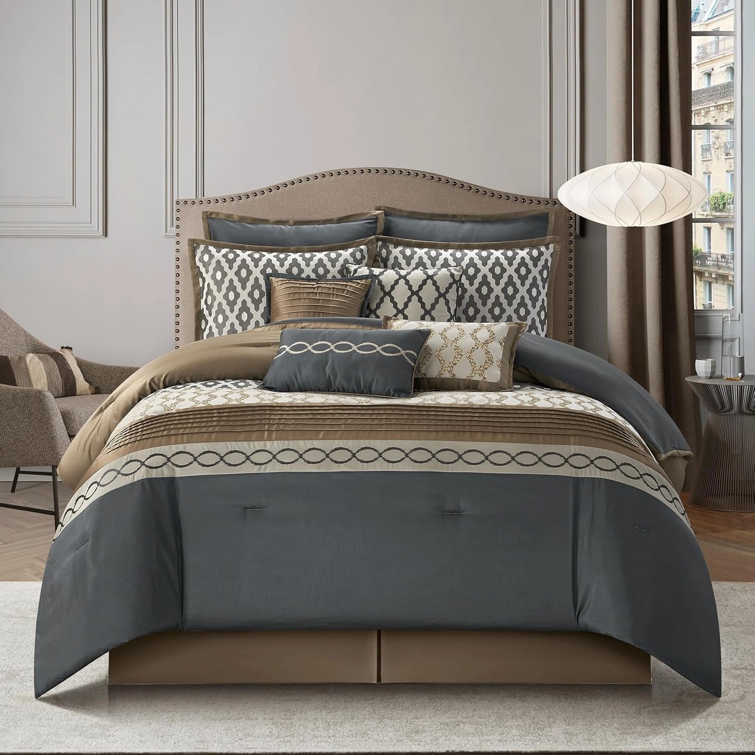 Grand Avenue Geometirc King Size Comforter Set, 10 Piece, Jacquard Home Decor, Premium Lightweight Microfiber, Bedskirt, Pillows & Shams