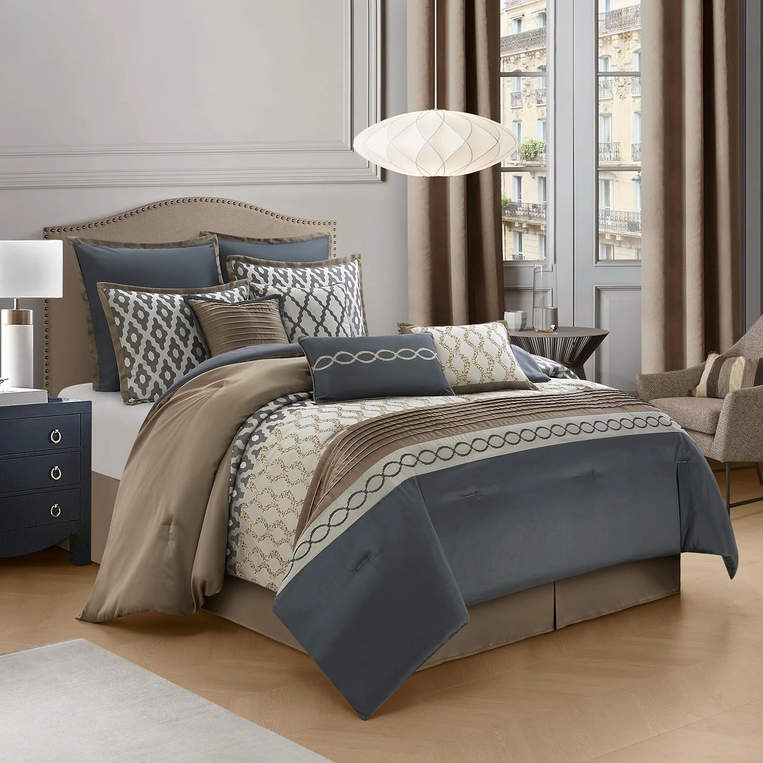 Grand Avenue Geometirc King Size Comforter Set, 10 Piece, Jacquard Home Decor, Premium Lightweight Microfiber, Bedskirt, Pillows & Shams