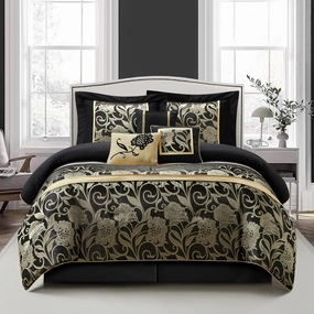 Grand Avenue Jacquard Floral Comforter Set, 7 Pieces California King Black Bedding Set, Matching Pillows & Shams, Bed Skirt, Ultra-Soft, Lightweight Microfiber