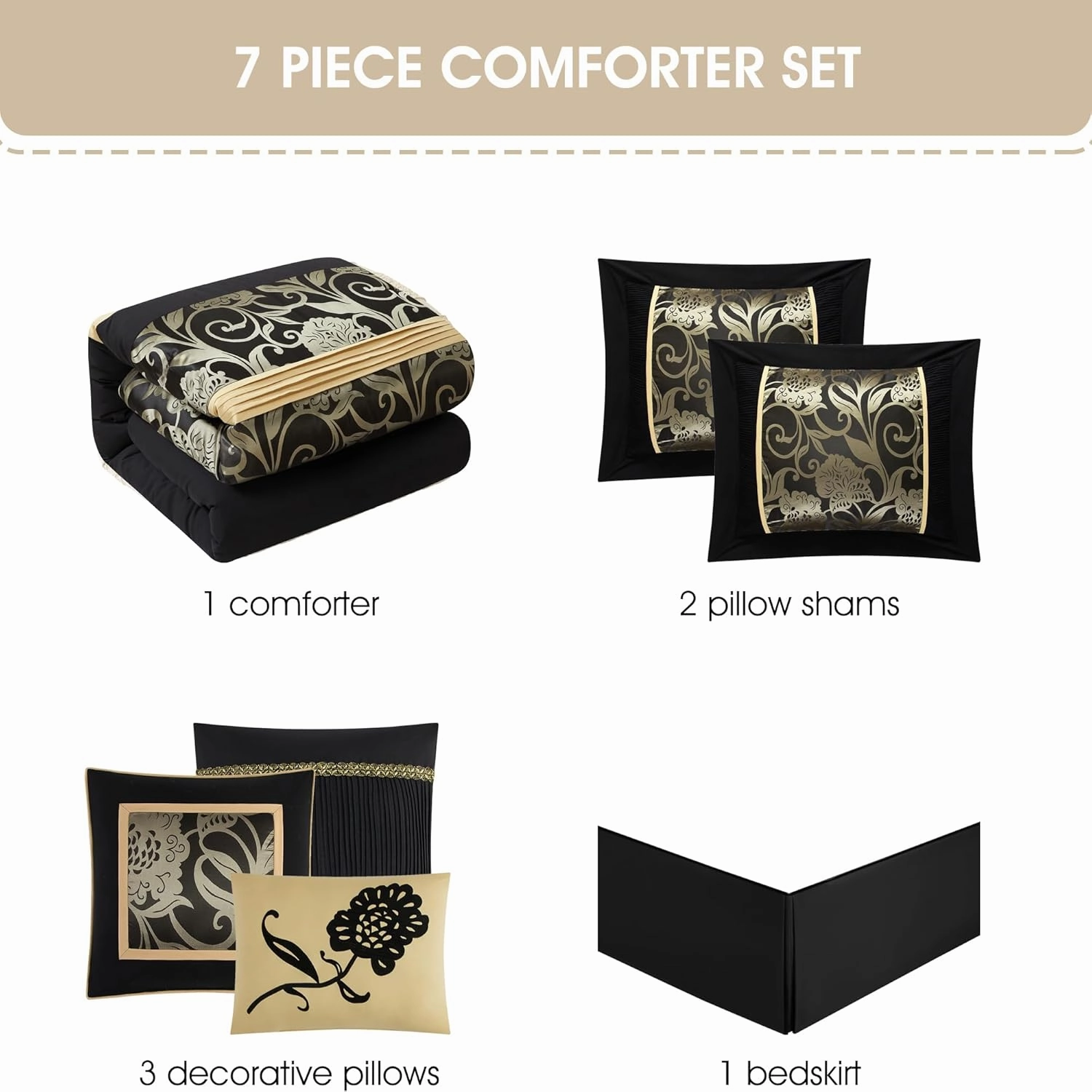 Grand Avenue Jacquard Floral Comforter Set, 7 Pieces California King Black Bedding Set, Matching Pillows & Shams, Bed Skirt, Ultra-Soft, Lightweight Microfiber