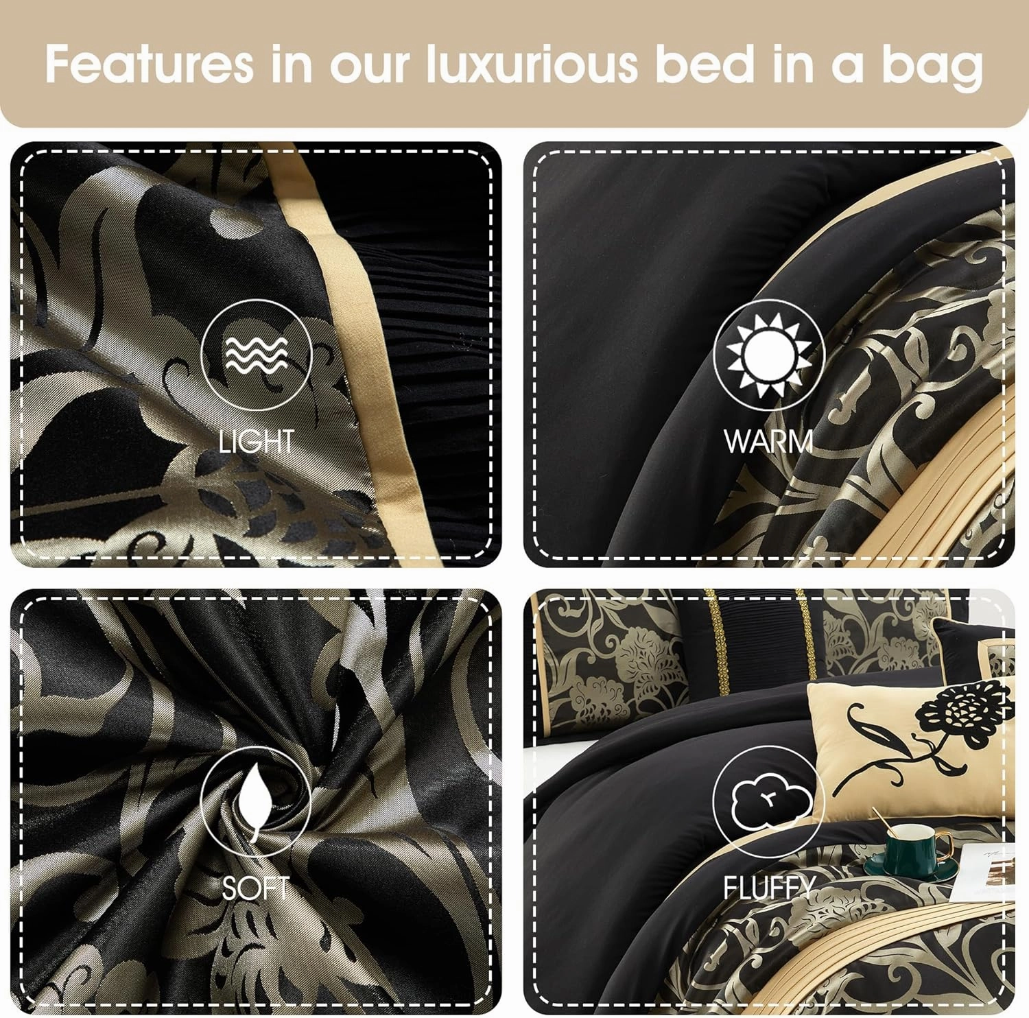 Grand Avenue Jacquard Floral Comforter Set, 7 Pieces California King Black Bedding Set, Matching Pillows & Shams, Bed Skirt, Ultra-Soft, Lightweight Microfiber