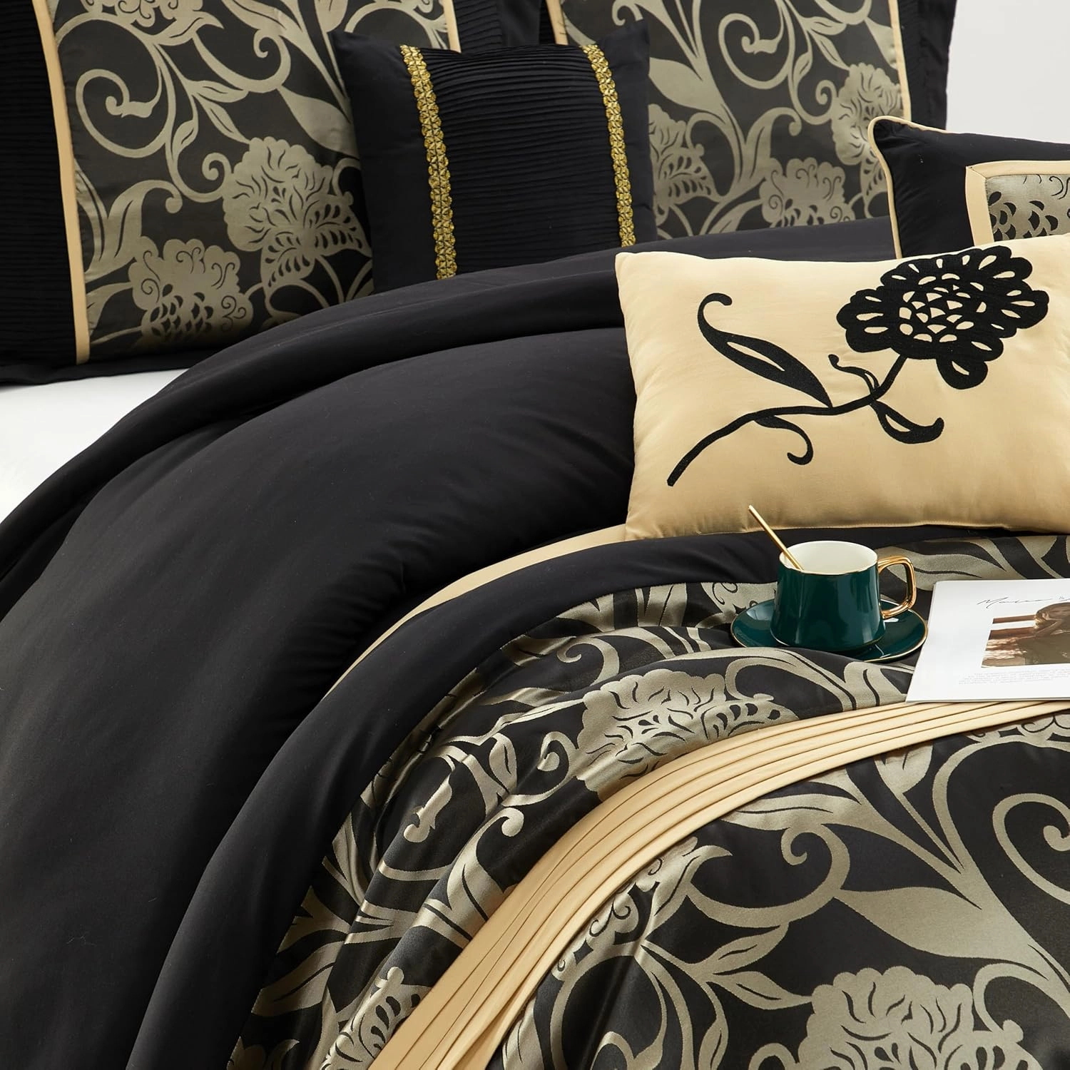 Grand Avenue Jacquard Floral Comforter Set, 7 Pieces California King Black Bedding Set, Matching Pillows & Shams, Bed Skirt, Ultra-Soft, Lightweight Microfiber