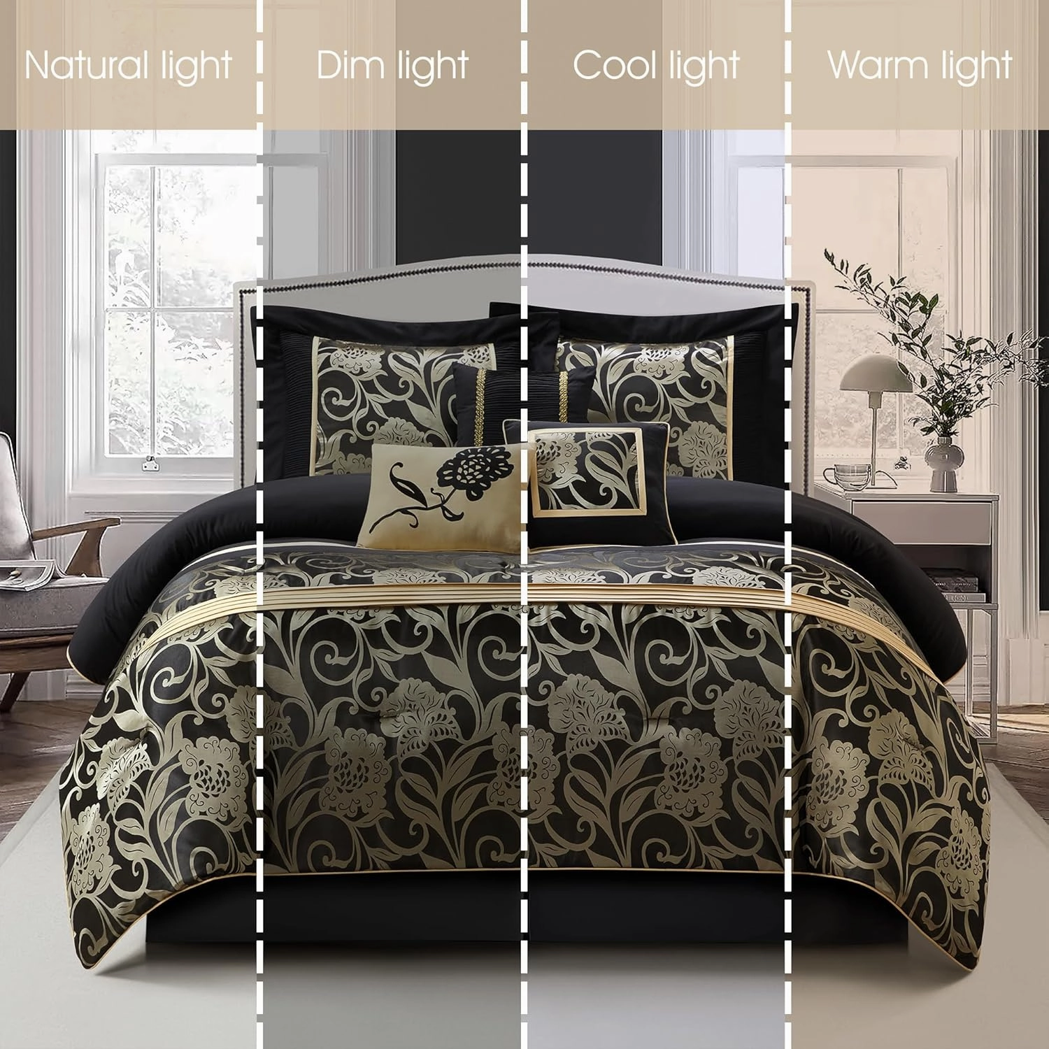 Grand Avenue Jacquard Floral Comforter Set, 7 Pieces California King Black Bedding Set, Matching Pillows & Shams, Bed Skirt, Ultra-Soft, Lightweight Microfiber