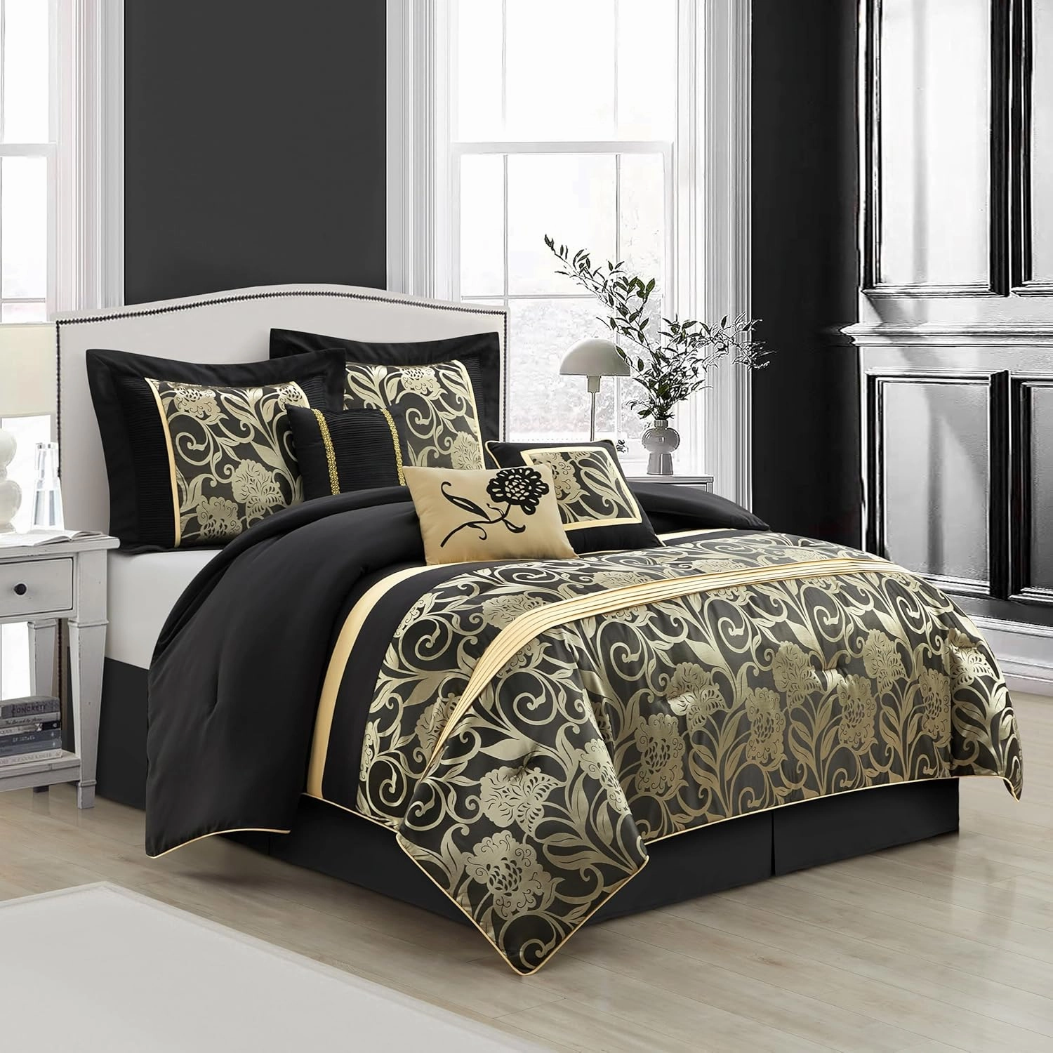 Grand Avenue Jacquard Floral Comforter Set, 7 Pieces California King Black Bedding Set, Matching Pillows & Shams, Bed Skirt, Ultra-Soft, Lightweight Microfiber
