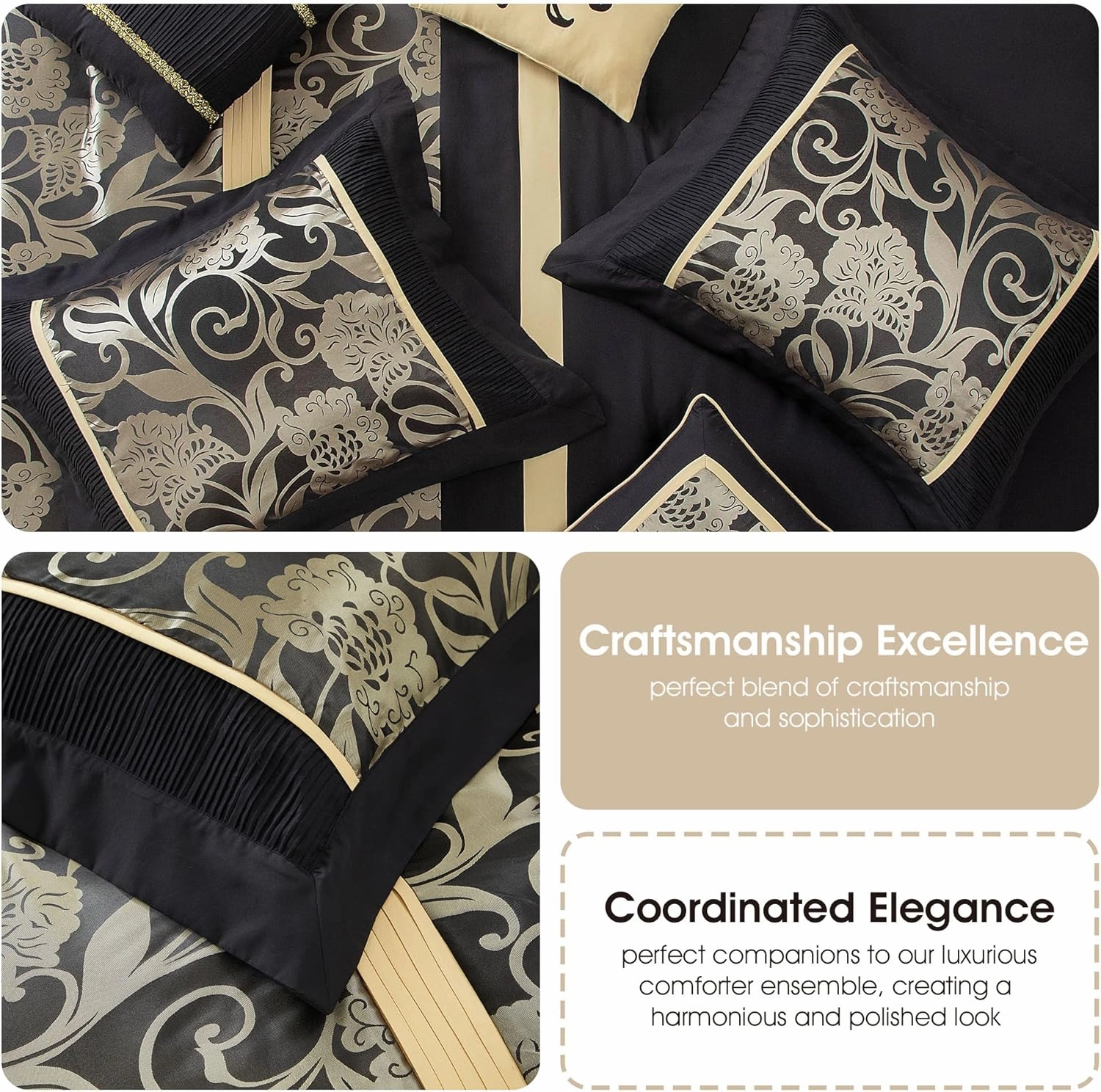 Grand Avenue Jacquard Floral Comforter Set, 7 Pieces California King Black Bedding Set, Matching Pillows & Shams, Bed Skirt, Ultra-Soft, Lightweight Microfiber