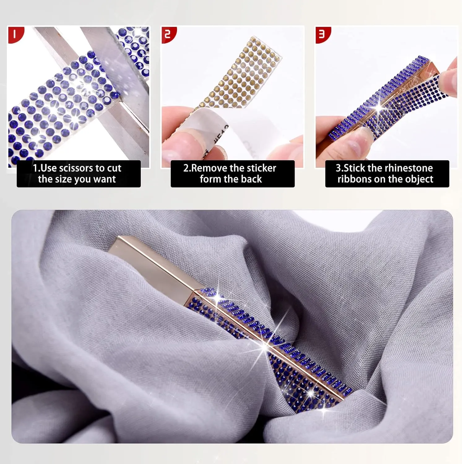 GREAT&LUCKY Self Adhesive Crystal Rhinestone Ribbon, 9 Yards DIY Diamond Bling Ribbon Stickers Rhinestone Tape Roll for Crafts Phone Car Decorations (Royal Blue)