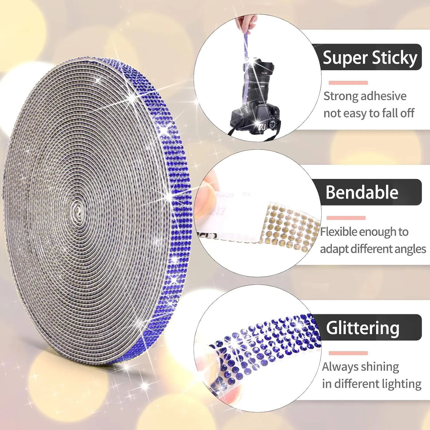 GREAT&LUCKY Self Adhesive Crystal Rhinestone Ribbon, 9 Yards DIY Diamond Bling Ribbon Stickers Rhinestone Tape Roll for Crafts Phone Car Decorations (Royal Blue)