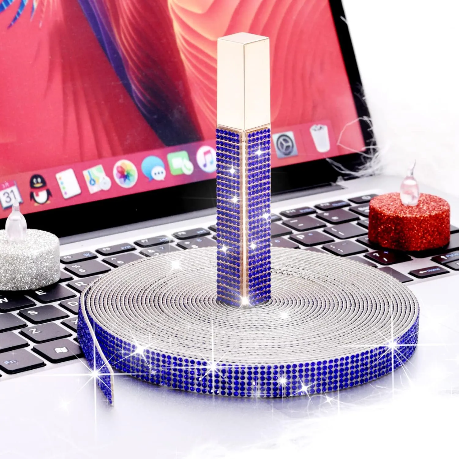 GREAT&LUCKY Self Adhesive Crystal Rhinestone Ribbon, 9 Yards DIY Diamond Bling Ribbon Stickers Rhinestone Tape Roll for Crafts Phone Car Decorations (Royal Blue)