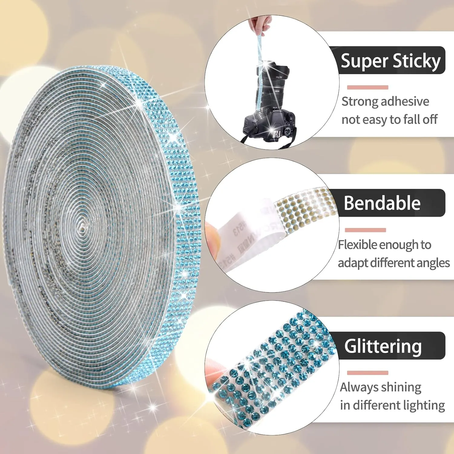 GREAT&LUCKY Self Adhesive Crystal Rhinestone Ribbon Rhinestone Strips, 9 Yards DIY Diamond Bling Ribbon Stickers Rhinestone Tape Roll for Crafts Phone Car Decorations (9 Yards, Lake Blue)