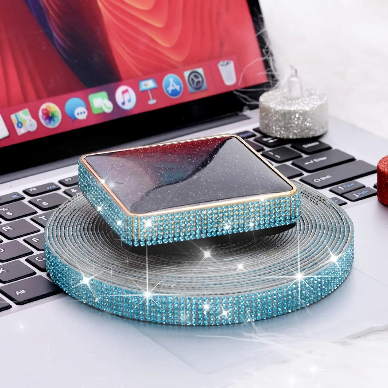 GREAT&LUCKY Self Adhesive Crystal Rhinestone Ribbon Rhinestone Strips, 9 Yards DIY Diamond Bling Ribbon Stickers Rhinestone Tape Roll for Crafts Phone Car Decorations (9 Yards, Lake Blue)