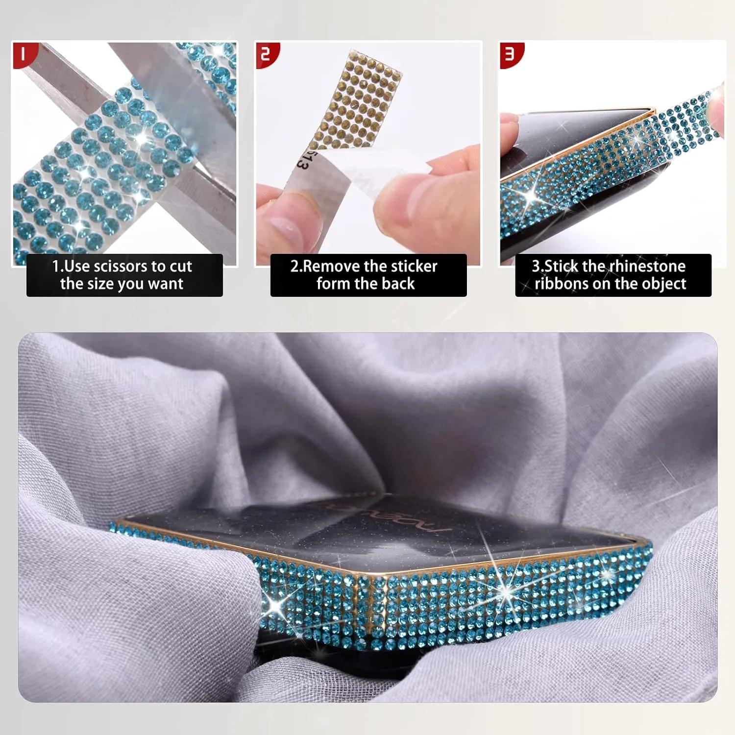 GREAT&LUCKY Self Adhesive Crystal Rhinestone Ribbon Rhinestone Strips, 9 Yards DIY Diamond Bling Ribbon Stickers Rhinestone Tape Roll for Crafts Phone Car Decorations (9 Yards, Lake Blue)