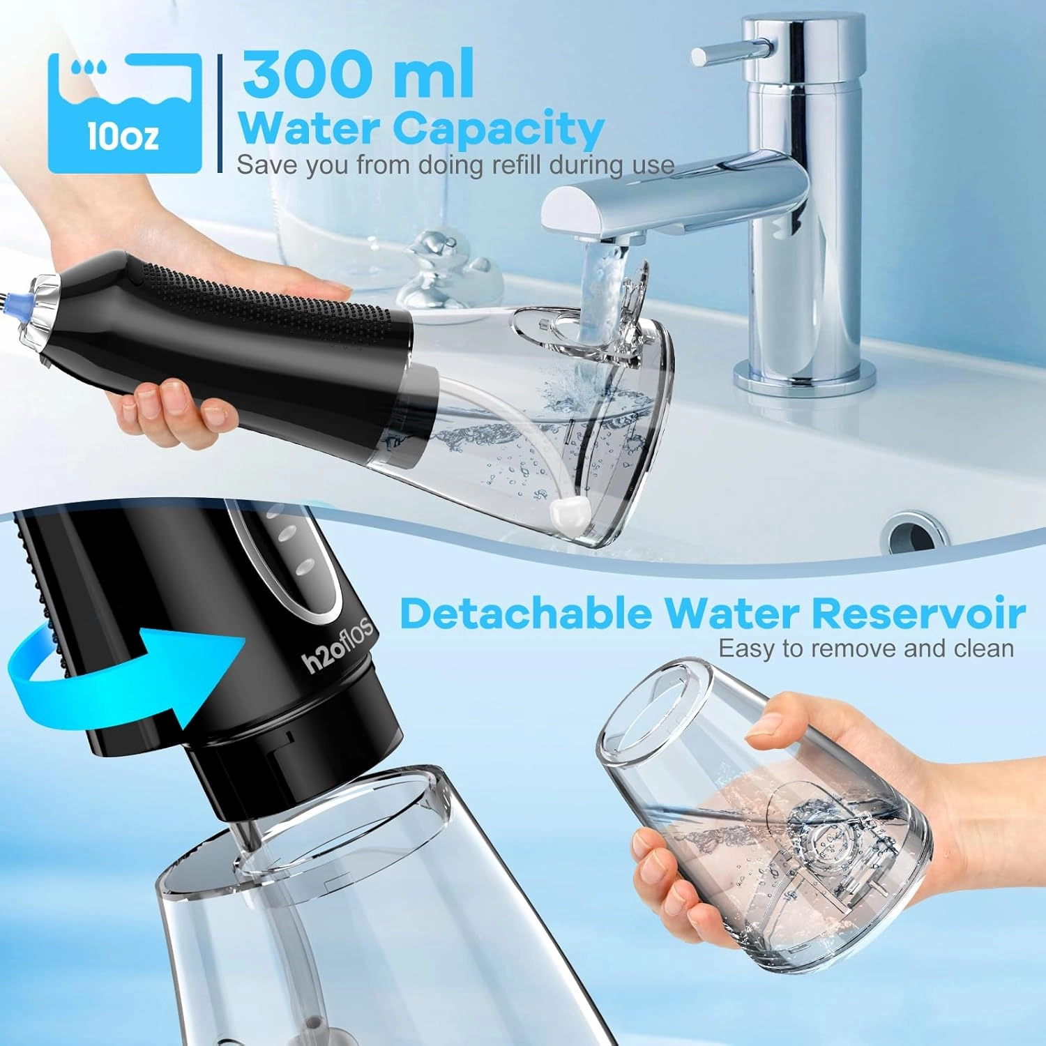 H2ofloss Water Dental Flosser Teeth Pick -Portable Oral Irrigator with 5 Modes, Rechargeable IPX7 Waterproof Orthodontic Teeth Cleaner Pick Cordless for Home Travel-300ml Water Tank