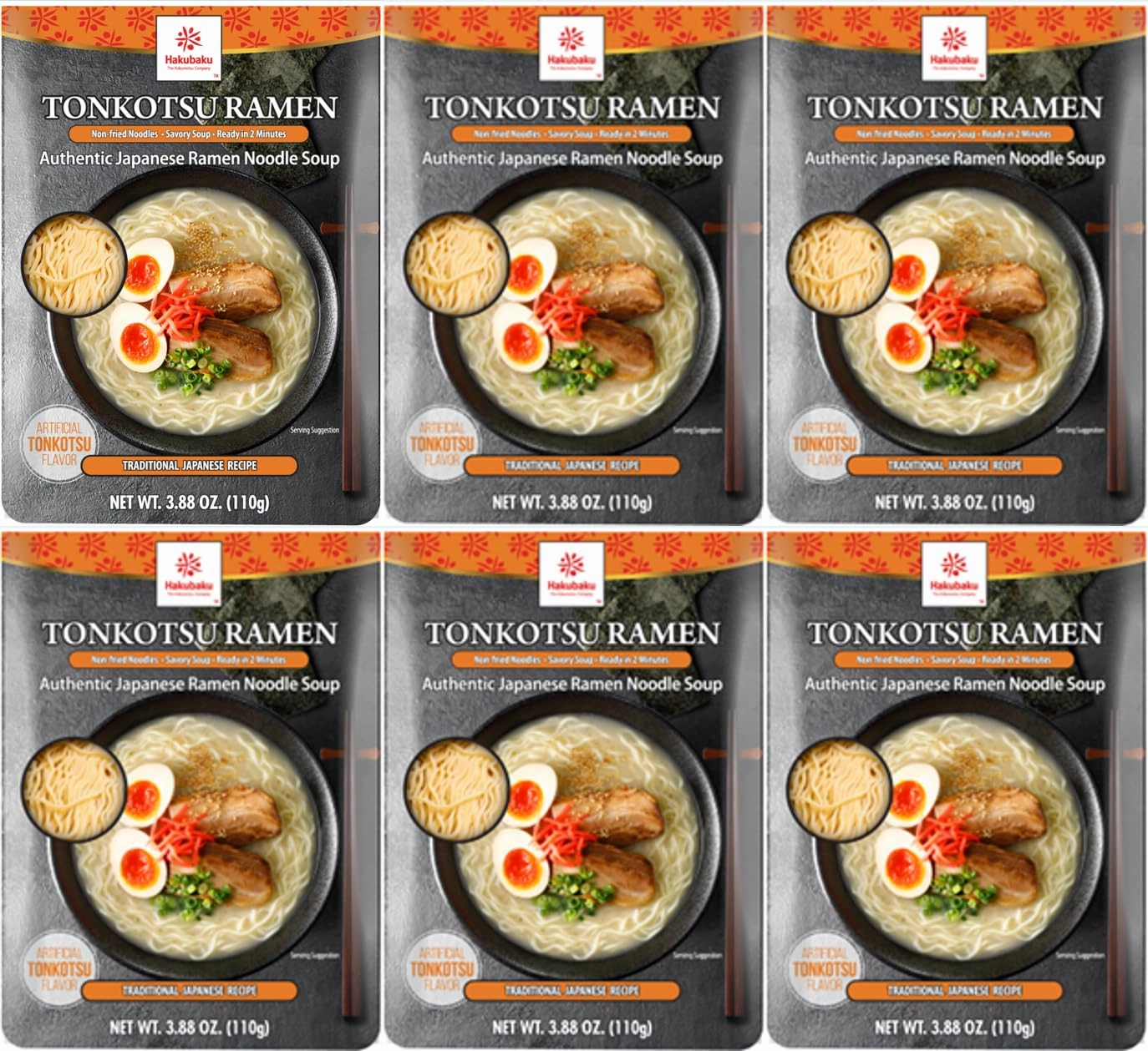 Hakubaku Authentic Japanese Ramen Noodles (Tonkotsu, 6 PACK)