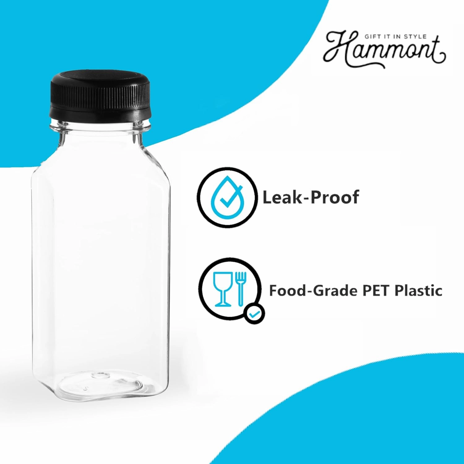 Hammont Plastic Bottles with Caps - Clear PET Iced Coffee & Juice Bottles, Pack of 24 - Reusable Juicing Bottle - Ideal for Cold Drinks (8oz)