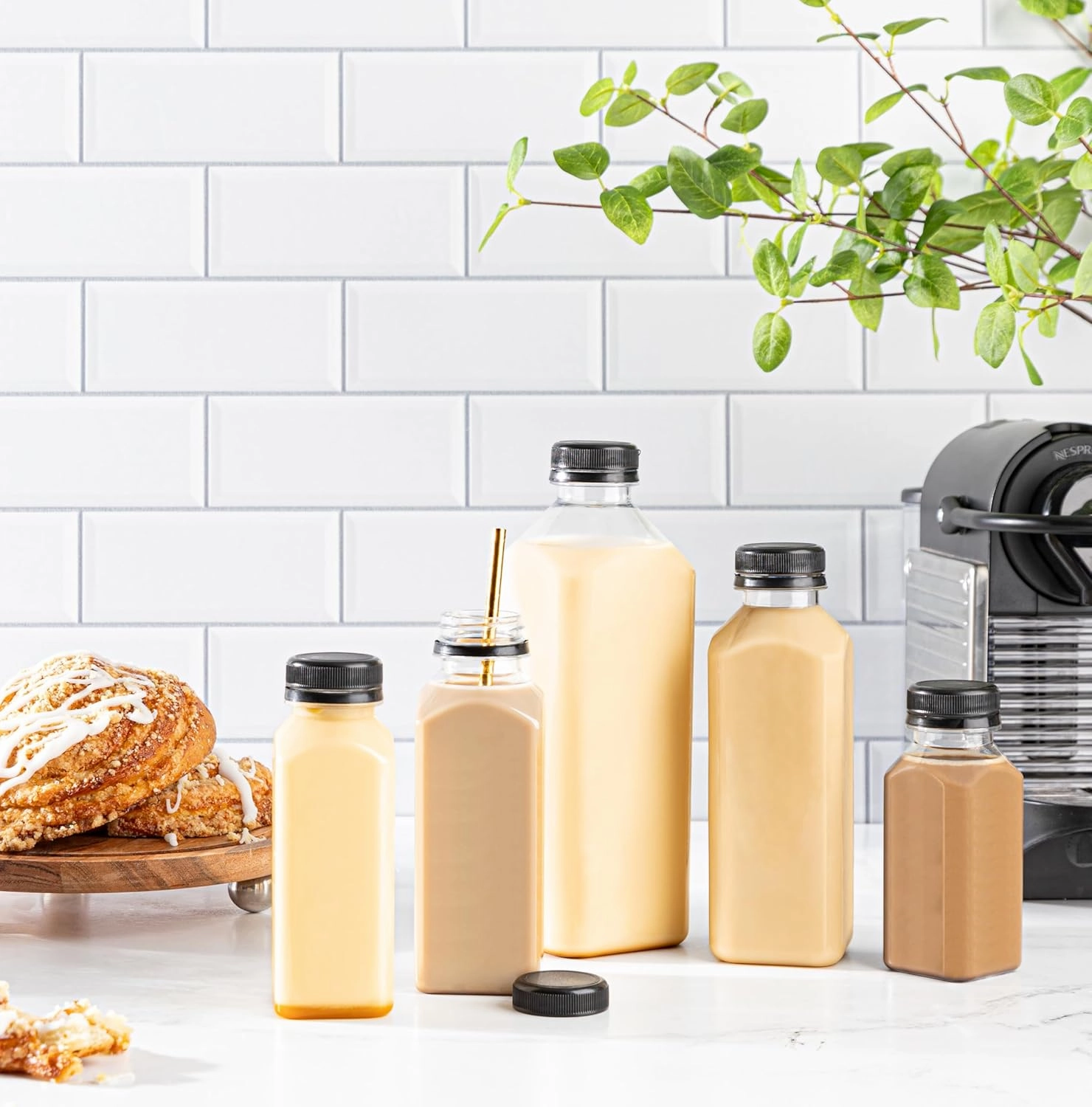 Hammont Plastic Bottles with Caps - Clear PET Iced Coffee & Juice Bottles, Pack of 24 - Reusable Juicing Bottle - Ideal for Cold Drinks (8oz)