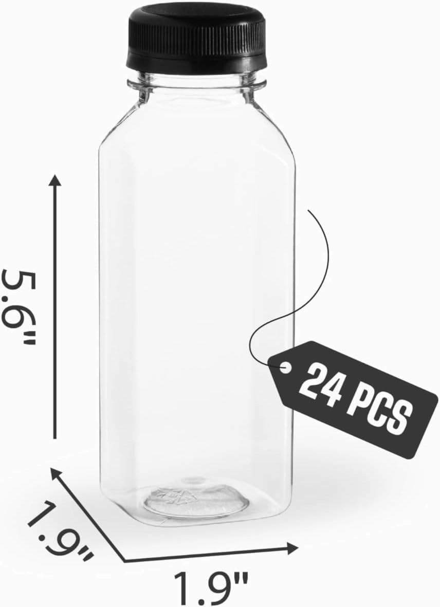 Hammont Plastic Bottles with Caps - Clear PET Iced Coffee & Juice Bottles, Pack of 24 - Reusable Juicing Bottle - Ideal for Cold Drinks (8oz)