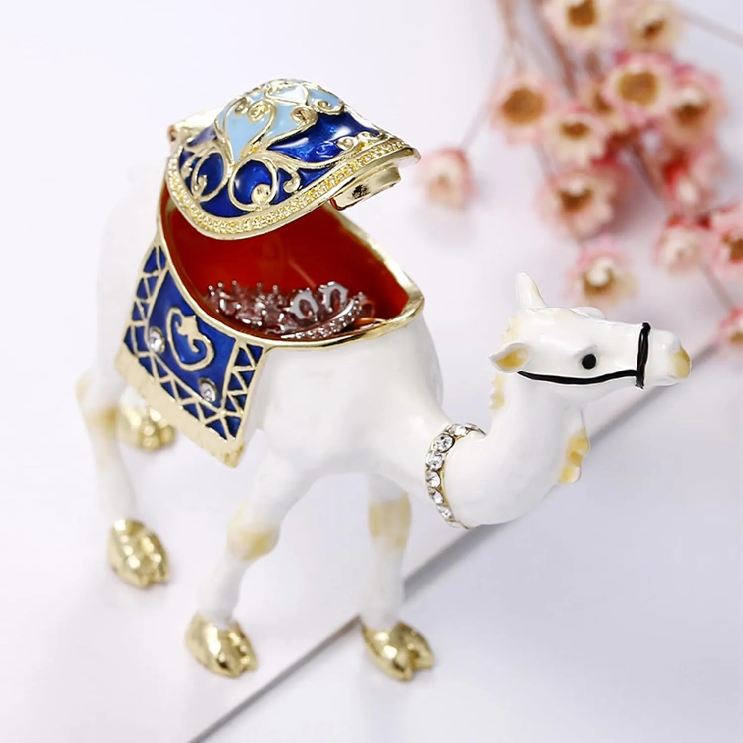 Hand Painted Enamel Camel Trinket Box, Hinged Jewelry Box Unique Mini Ring Necklace Jewelry Organizer, Classical Bejeweled Storage, Figurine Collectible Keepsake Home Decor (Camel)