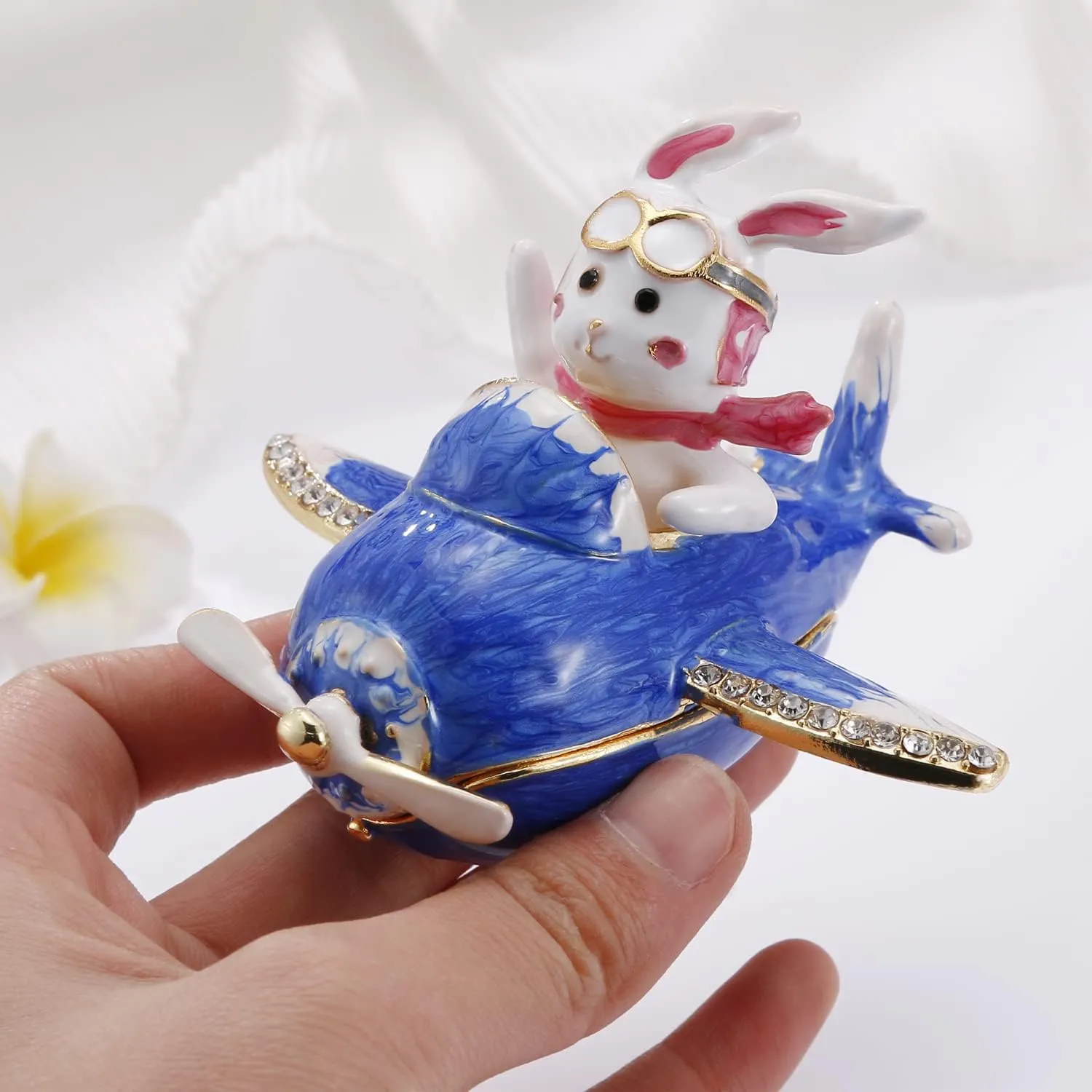 Hand Painted Enamel Captin Rabbit Trinket Box, Hinged Unique Mini Ring Necklace Jewelry Organizer, Classical Bejeweled Storage, Figurine Collectible Keepsake Home Decor (Captin Rabbit)