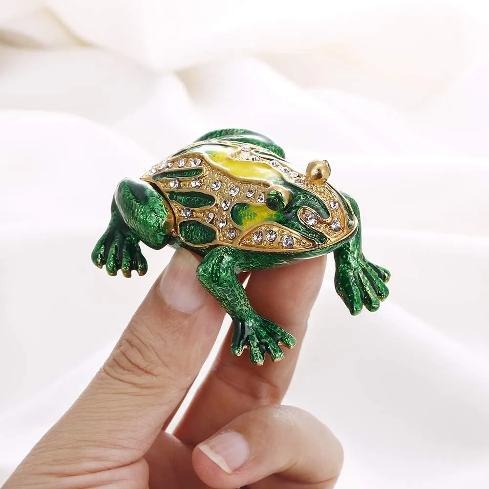 Hand Painted Enamel Frog Trinket Box, Hinged Jewelry Box Unique Mini Ring Necklace Jewelry Organizer, Classical Bejeweled Storage, Figurine Collectible Keepsake Home Decor (Frog-1)