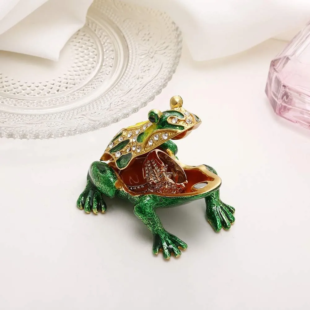 Hand Painted Enamel Frog Trinket Box, Hinged Jewelry Box Unique Mini Ring Necklace Jewelry Organizer, Classical Bejeweled Storage, Figurine Collectible Keepsake Home Decor (Frog-1)