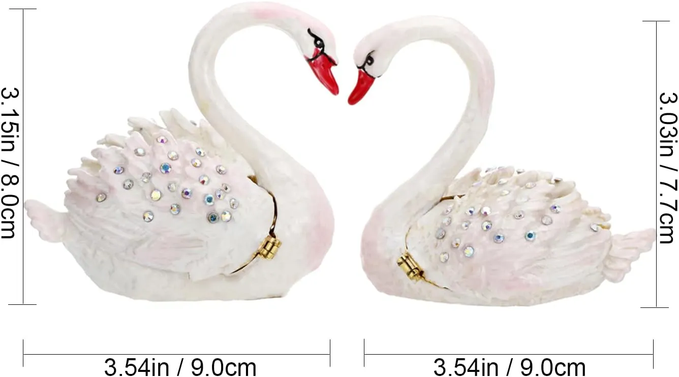 Hand Painted Enamel Grace Swan Trinket Box, Hinged Unique Mini Ring Necklace Jewelry Organizer, Classical Bejeweled Storage, Figurine Collectible Keepsake Home Decor (Couple Swan)