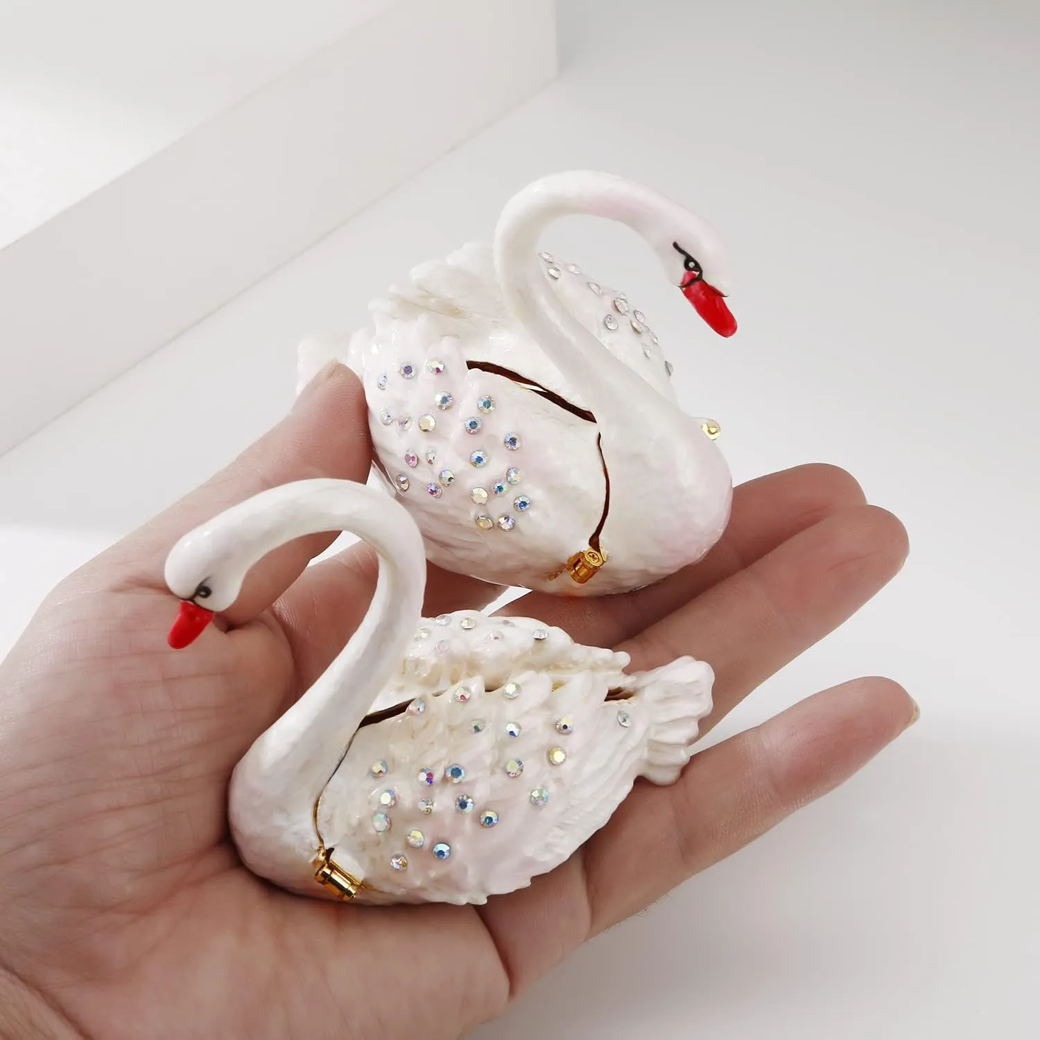 Hand Painted Enamel Grace Swan Trinket Box, Hinged Unique Mini Ring Necklace Jewelry Organizer, Classical Bejeweled Storage, Figurine Collectible Keepsake Home Decor (Couple Swan)