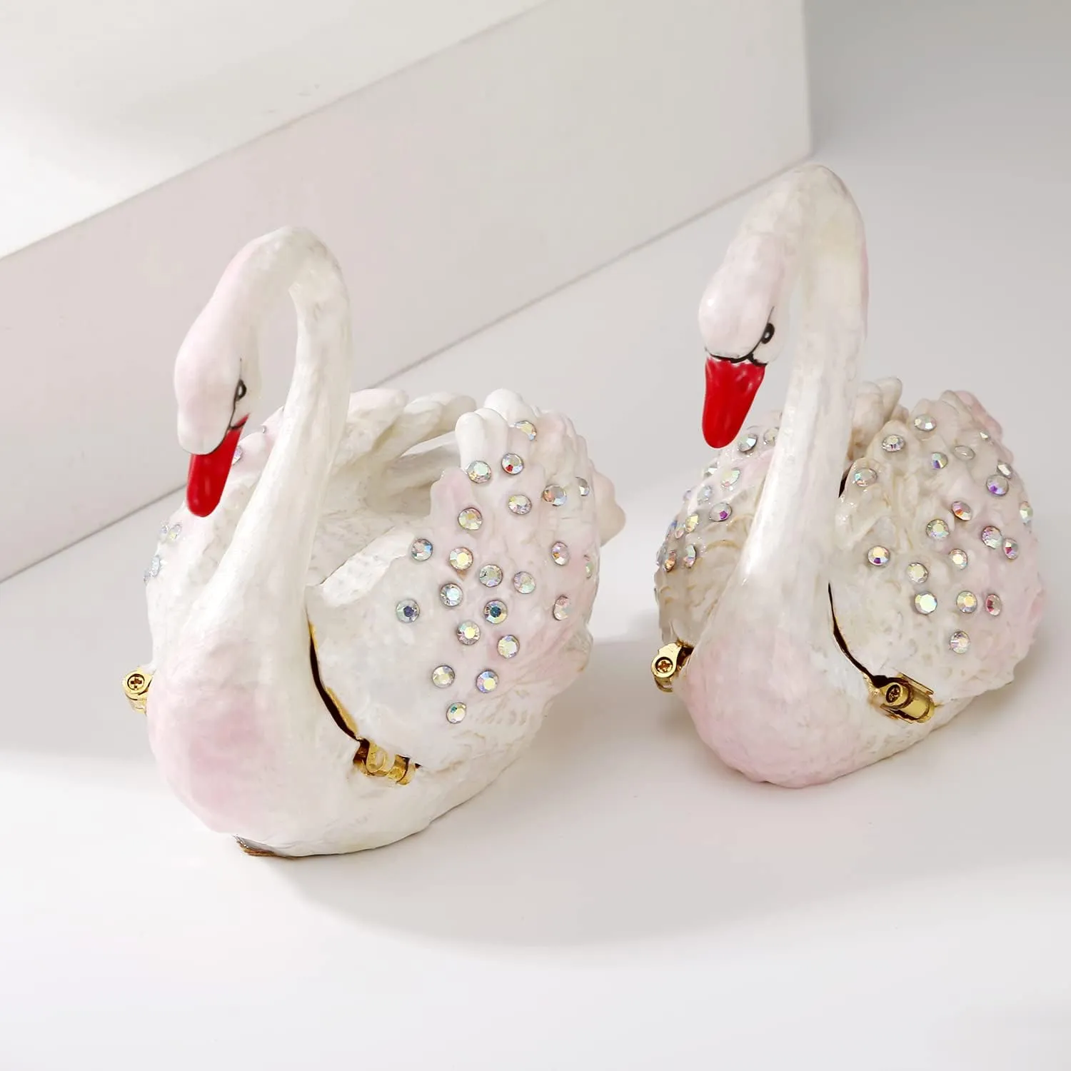 Hand Painted Enamel Grace Swan Trinket Box, Hinged Unique Mini Ring Necklace Jewelry Organizer, Classical Bejeweled Storage, Figurine Collectible Keepsake Home Decor (Couple Swan)