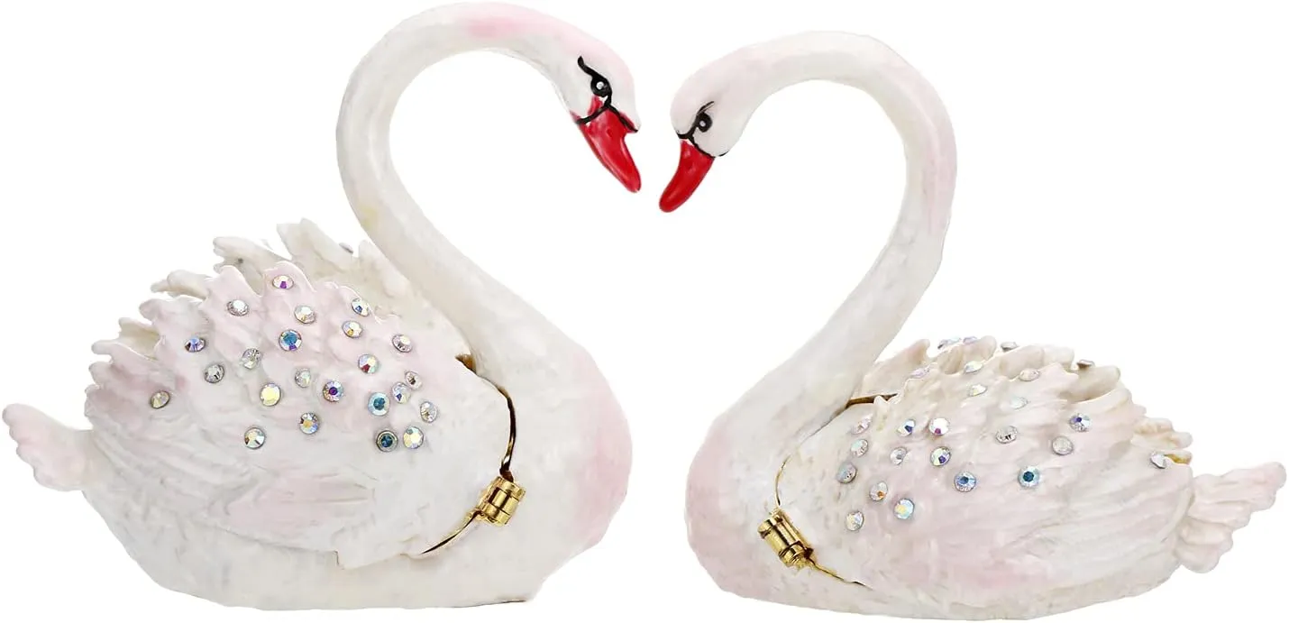 Hand Painted Enamel Grace Swan Trinket Box, Hinged Unique Mini Ring Necklace Jewelry Organizer, Classical Bejeweled Storage, Figurine Collectible Keepsake Home Decor (Couple Swan)