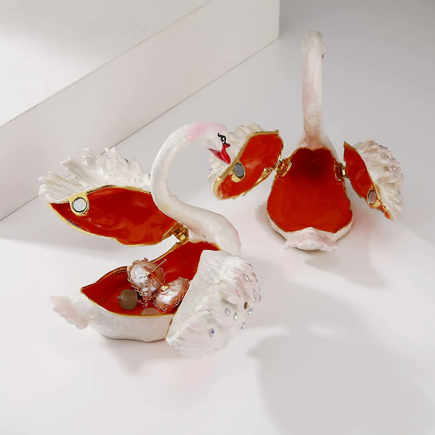 Hand Painted Enamel Grace Swan Trinket Box, Hinged Unique Mini Ring Necklace Jewelry Organizer, Classical Bejeweled Storage, Figurine Collectible Keepsake Home Decor (Couple Swan)