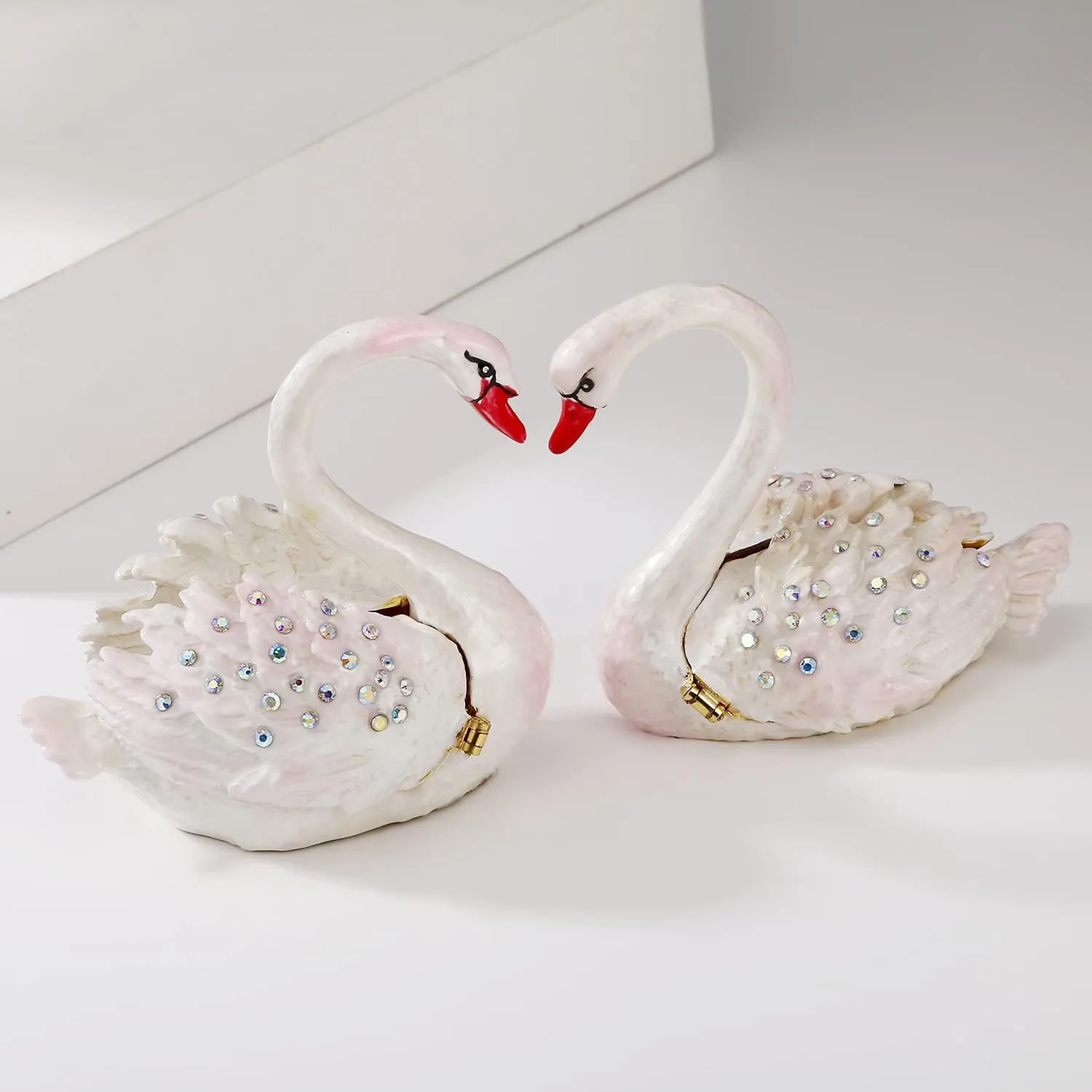 Hand Painted Enamel Grace Swan Trinket Box, Hinged Unique Mini Ring Necklace Jewelry Organizer, Classical Bejeweled Storage, Figurine Collectible Keepsake Home Decor (Couple Swan)
