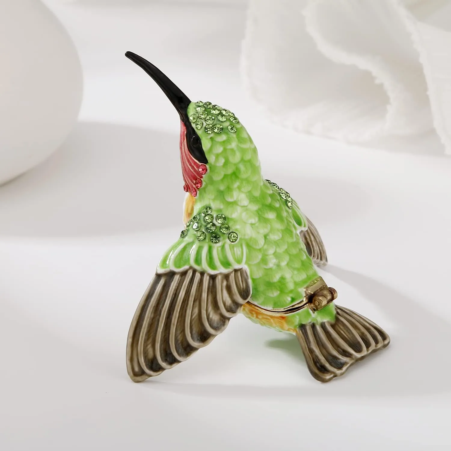 Hand Painted Enamel Hummingbird Trinket Box for Home Decor, Hinged Jewelry Organizer for Ring Earrings, Unique Figurine Keepsake Collectible Personalized Elegant Handmade Ornament (Hummingbird-1)