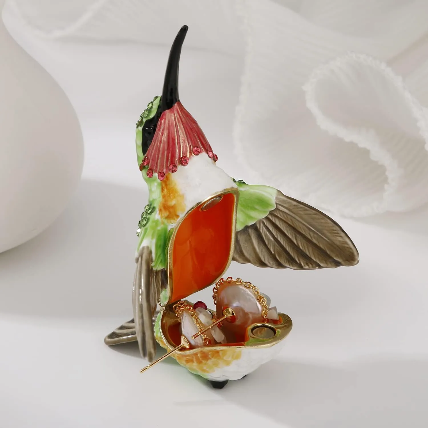 Hand Painted Enamel Hummingbird Trinket Box for Home Decor, Hinged Jewelry Organizer for Ring Earrings, Unique Figurine Keepsake Collectible Personalized Elegant Handmade Ornament (Hummingbird-1)