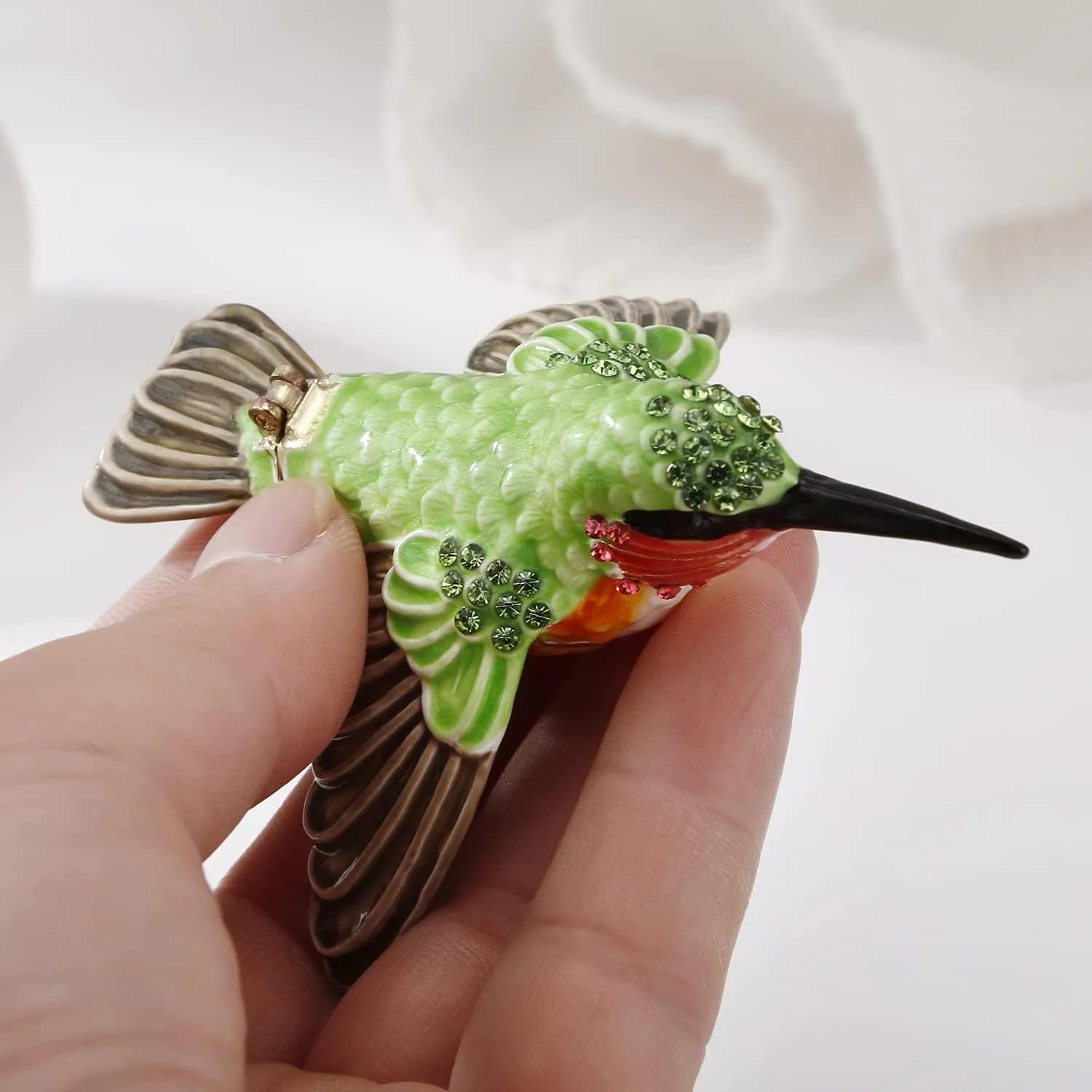 Hand Painted Enamel Hummingbird Trinket Box for Home Decor, Hinged Jewelry Organizer for Ring Earrings, Unique Figurine Keepsake Collectible Personalized Elegant Handmade Ornament (Hummingbird-1)