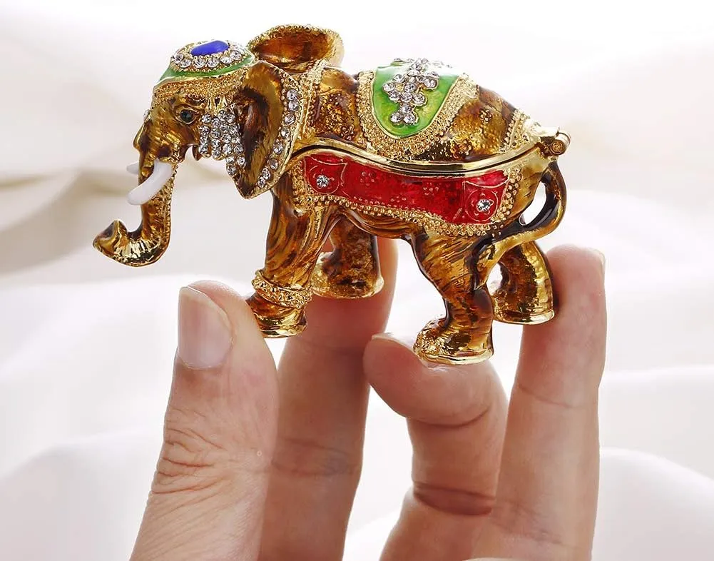 Hand Painted Enamel Lucky Elephant Trinket Box, Hinged Jewelry Box Unique Mini Ring Necklace Jewelry Organizer, Classical Bejeweled Storage, Figurine Collectible Keepsake Home Decor (Elephant)