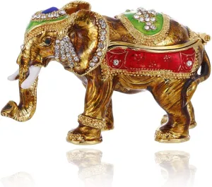Hand Painted Enamel Lucky Elephant Trinket Box, Hinged Jewelry Box Unique Mini Ring Necklace Jewelry Organizer, Classical Bejeweled Storage, Figurine Collectible Keepsake Home Decor (Elephant)