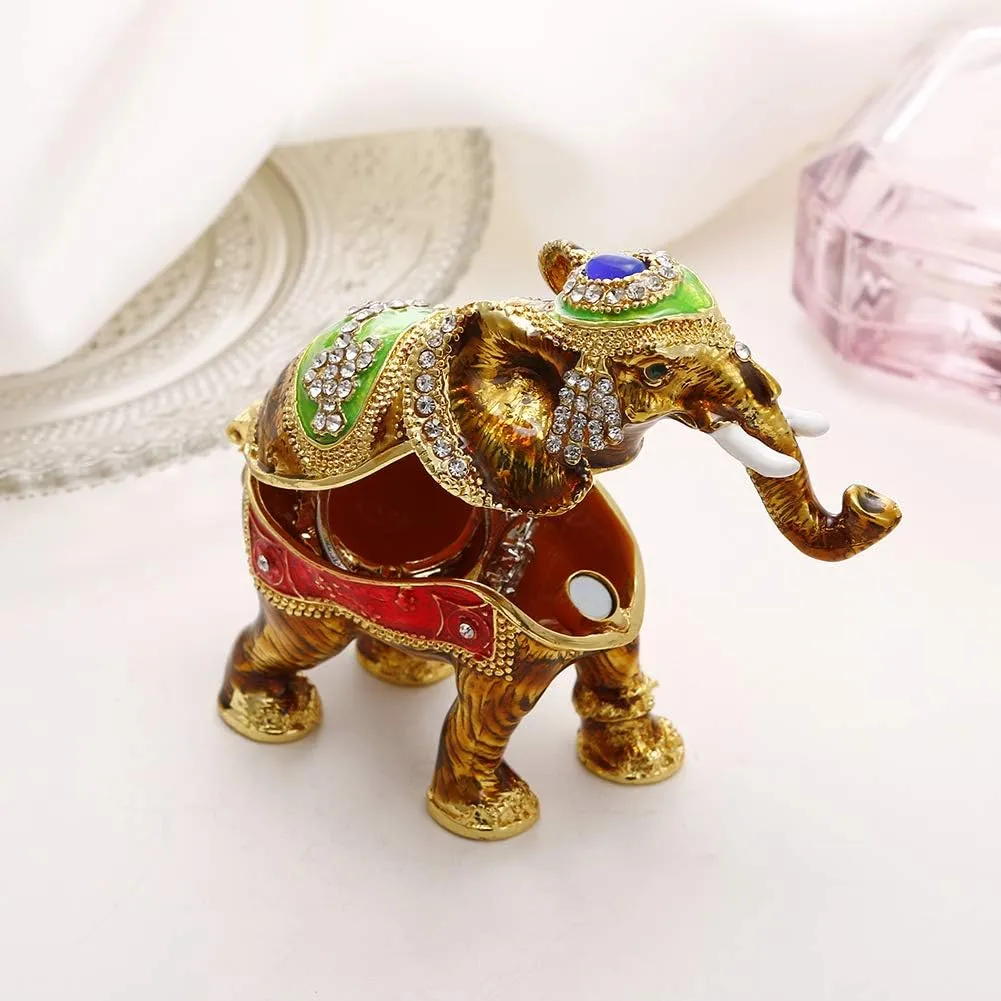 Hand Painted Enamel Lucky Elephant Trinket Box, Hinged Jewelry Box Unique Mini Ring Necklace Jewelry Organizer, Classical Bejeweled Storage, Figurine Collectible Keepsake Home Decor (Elephant)