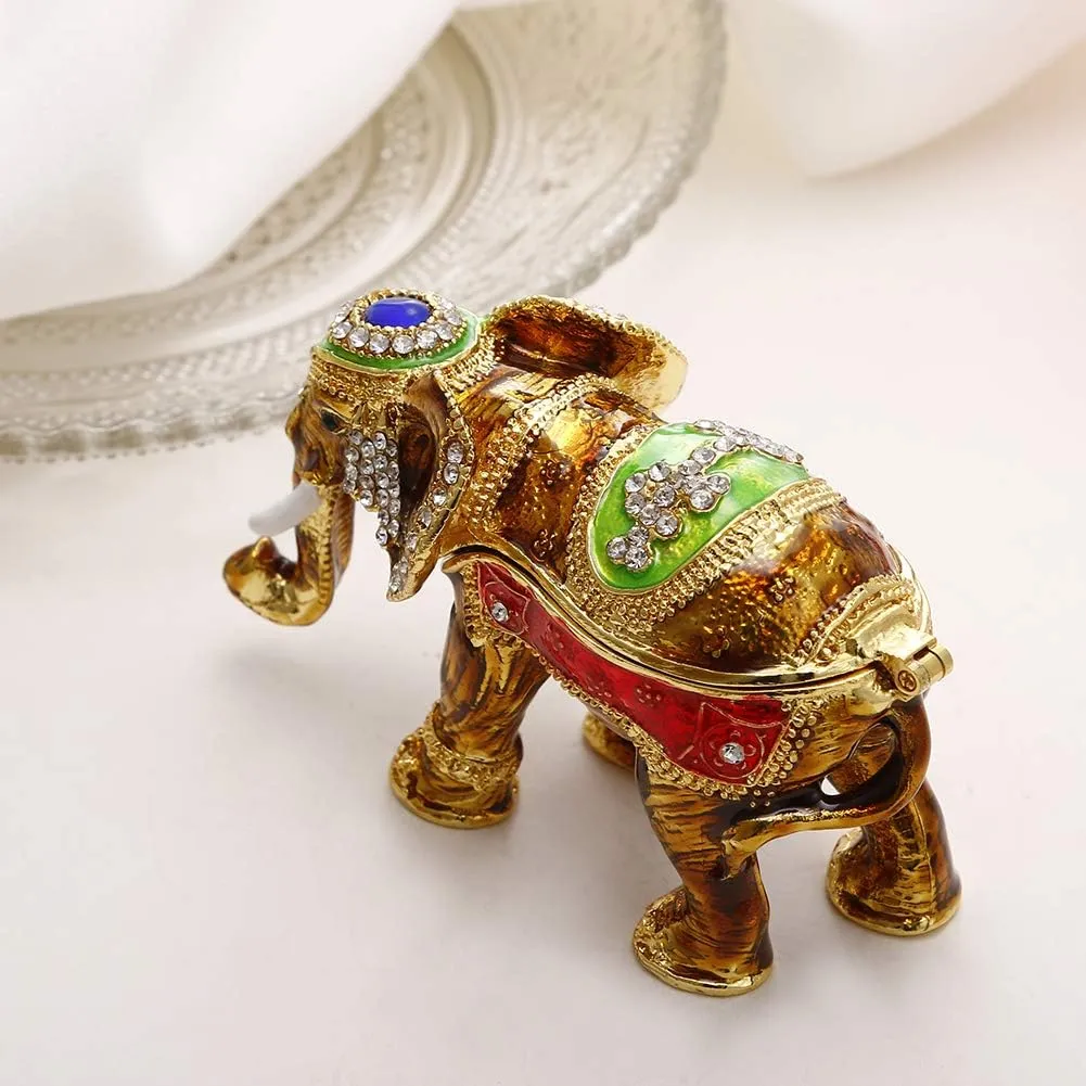 Hand Painted Enamel Lucky Elephant Trinket Box, Hinged Jewelry Box Unique Mini Ring Necklace Jewelry Organizer, Classical Bejeweled Storage, Figurine Collectible Keepsake Home Decor (Elephant)