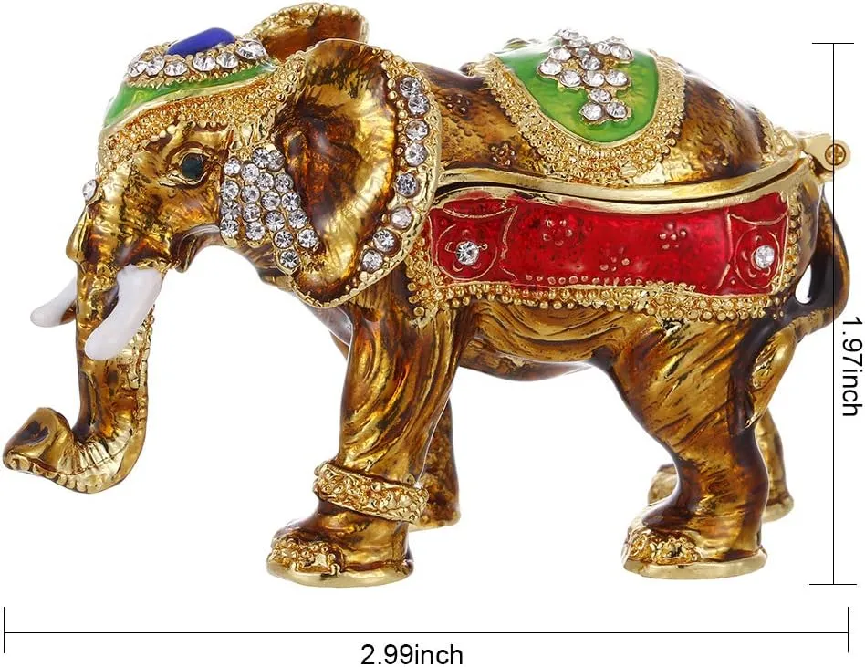 Hand Painted Enamel Lucky Elephant Trinket Box, Hinged Jewelry Box Unique Mini Ring Necklace Jewelry Organizer, Classical Bejeweled Storage, Figurine Collectible Keepsake Home Decor (Elephant)