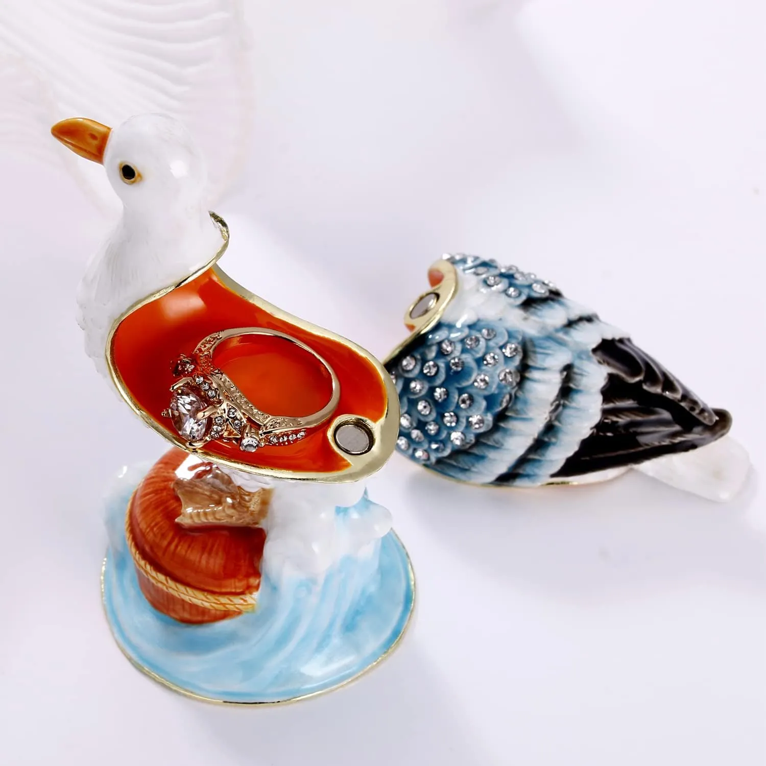 Hand Painted Enamel Seagull Trinket Box for Home Decor, Hinged Jewelry Organizer for Ring Earrings, Unique Figurine Keepsake Collectible Personalized Elegant Handmade Ornament Gifts (White Seagull)