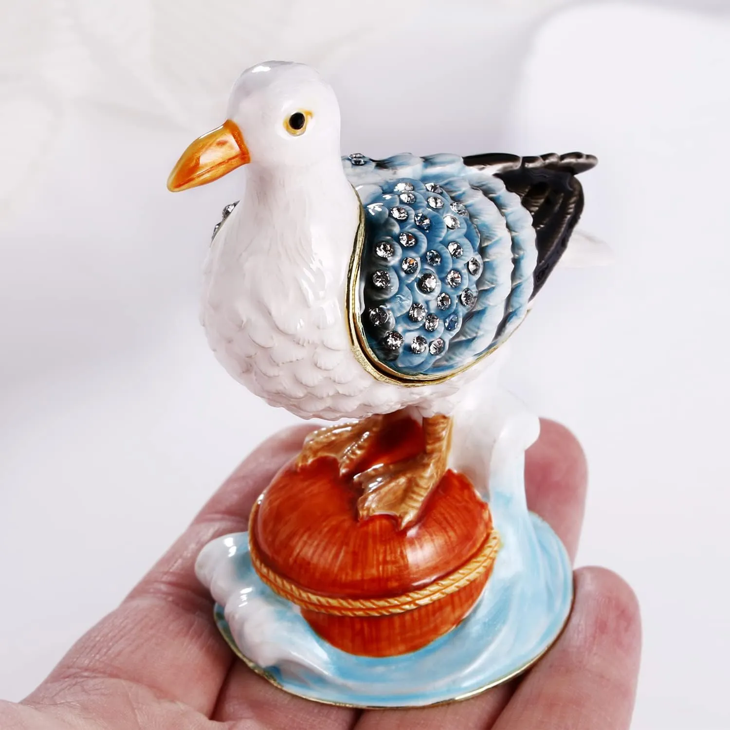 Hand Painted Enamel Seagull Trinket Box for Home Decor, Hinged Jewelry Organizer for Ring Earrings, Unique Figurine Keepsake Collectible Personalized Elegant Handmade Ornament Gifts (White Seagull)
