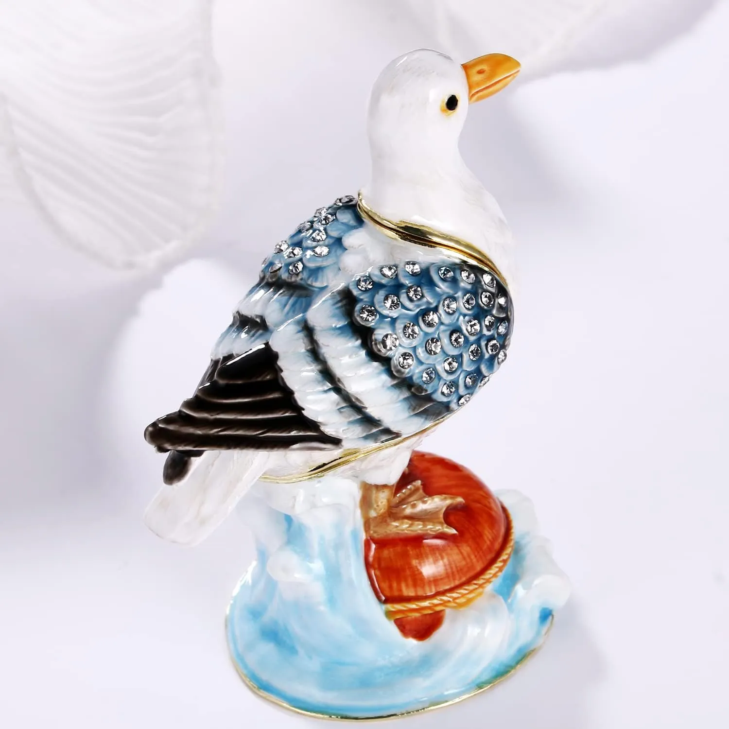Hand Painted Enamel Seagull Trinket Box for Home Decor, Hinged Jewelry Organizer for Ring Earrings, Unique Figurine Keepsake Collectible Personalized Elegant Handmade Ornament Gifts (White Seagull)