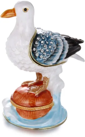 Hand Painted Enamel Seagull Trinket Box for Home Decor, Hinged Jewelry Organizer for Ring Earrings, Unique Figurine Keepsake Collectible Personalized Elegant Handmade Ornament Gifts (White Seagull)