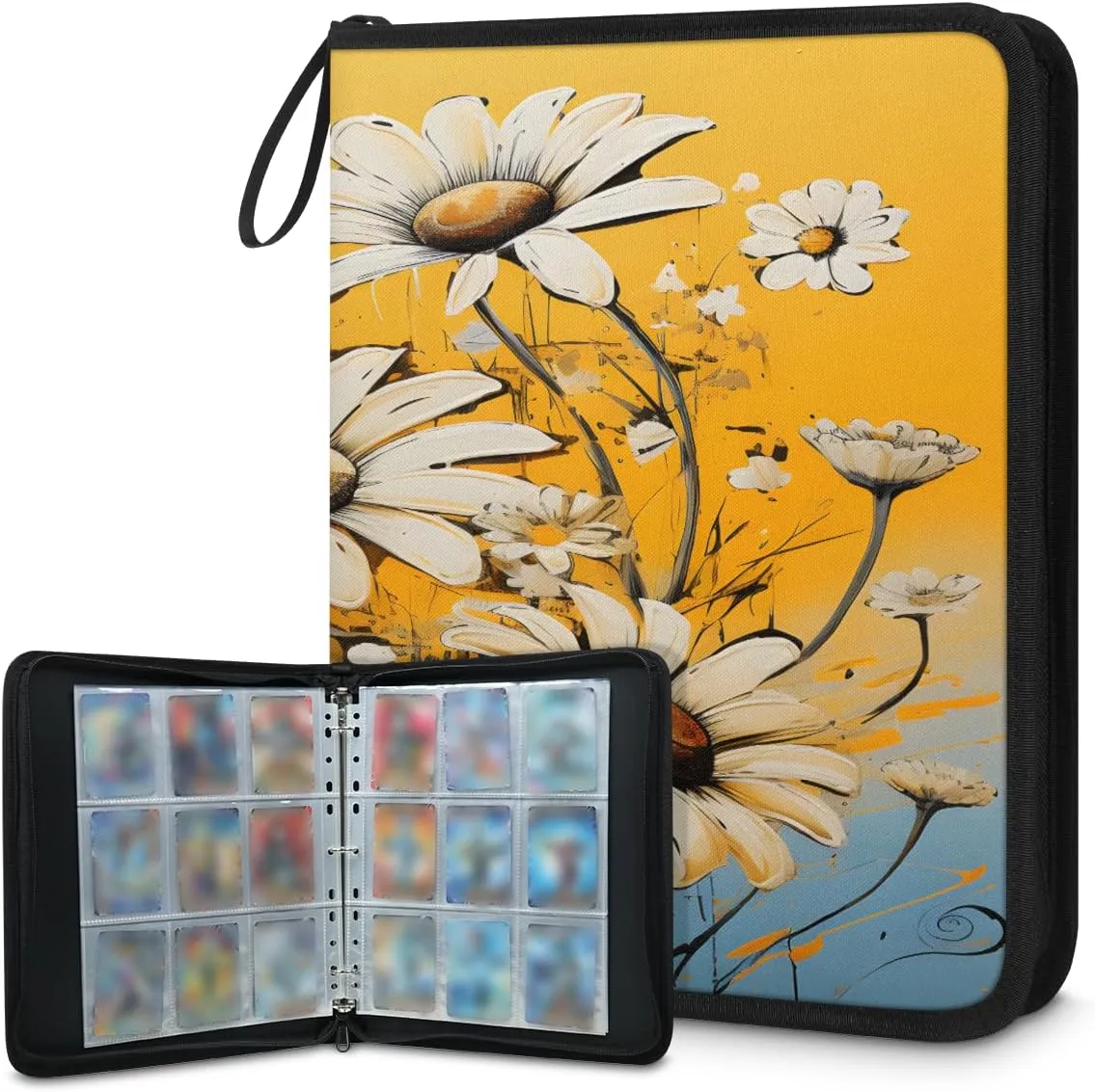 Hand Painted Plant Sunflower 3 Ring Trading Zipper Binder Strap, Trading Card Binder 9 Pocket, 900 Pockets Card Holder with 50 Removable Sleeves for Game Cards