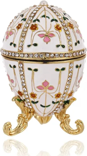 Hand Painted Trinket Box for Home Decor, Hinged Enameled Jewelry Box for Ring Earrings Jewelry Organizer, Unique Vintage Bejeweled Storage Figurine Collectible Keepsake (Faberge Egg-Flower)