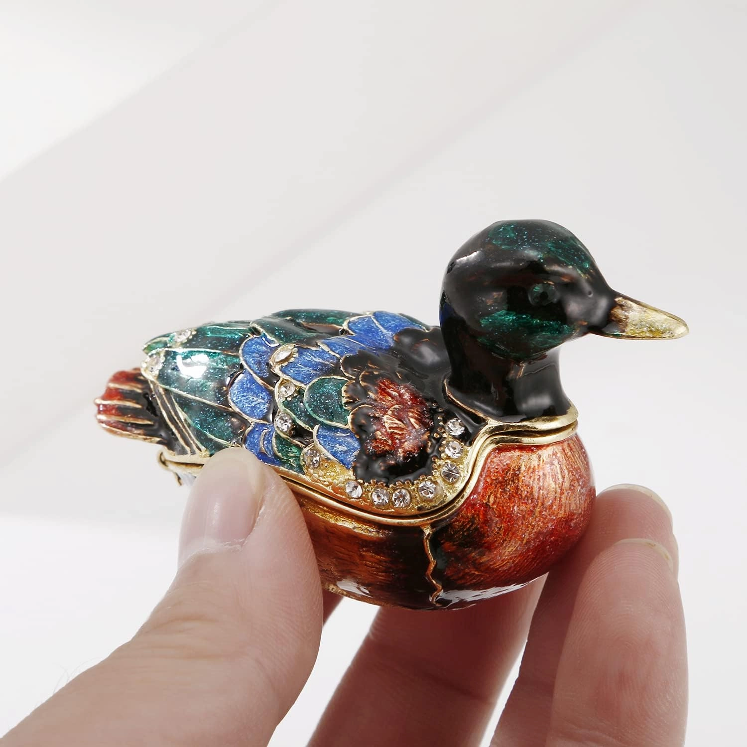 Hand Painted Enamel Duck Trinket Box for Home Decor, Hinged Jewelry Organizer for Ring Earrings, Unique Figurine Keepsake Collectible Personalized Elegant Handmade Ornament Gifts (Green Duck)