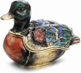 Hand Painted Enamel Duck Trinket Box for Home Decor, Hinged Jewelry Organizer for Ring Earrings, Unique Figurine Keepsake Collectible Personalized Elegant Handmade Ornament Gifts (Green Duck)