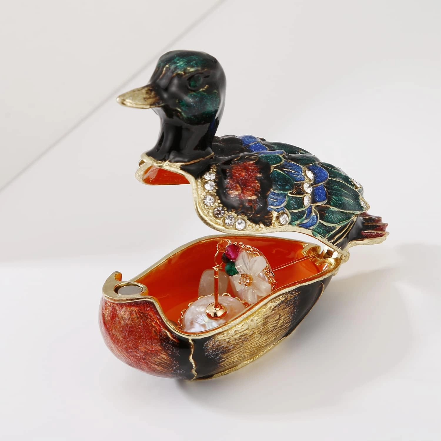 Hand Painted Enamel Duck Trinket Box for Home Decor, Hinged Jewelry Organizer for Ring Earrings, Unique Figurine Keepsake Collectible Personalized Elegant Handmade Ornament Gifts (Green Duck)