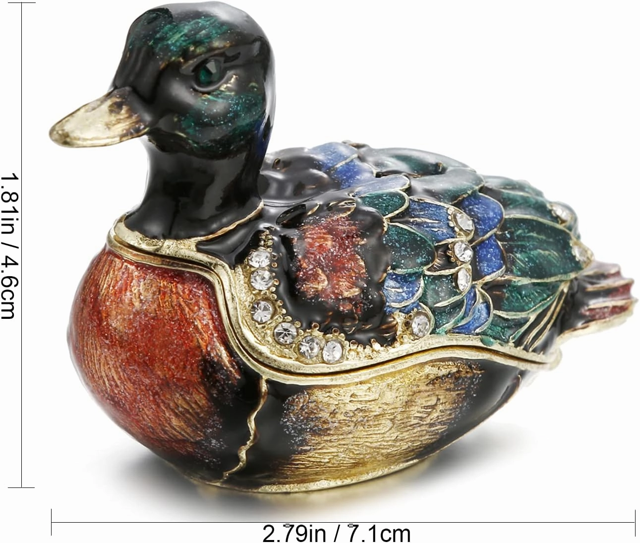 Hand Painted Enamel Duck Trinket Box for Home Decor, Hinged Jewelry Organizer for Ring Earrings, Unique Figurine Keepsake Collectible Personalized Elegant Handmade Ornament Gifts (Green Duck)