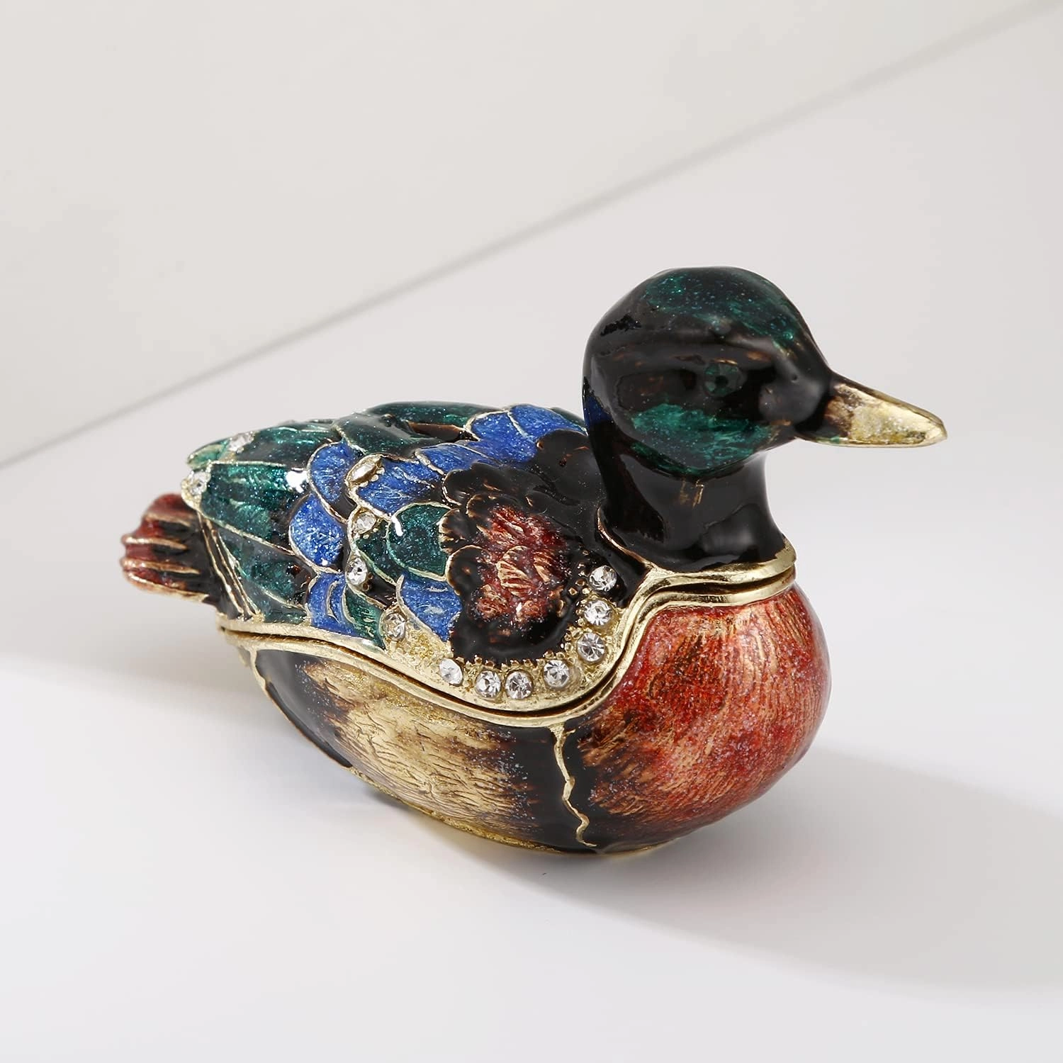 Hand Painted Enamel Duck Trinket Box for Home Decor, Hinged Jewelry Organizer for Ring Earrings, Unique Figurine Keepsake Collectible Personalized Elegant Handmade Ornament Gifts (Green Duck)