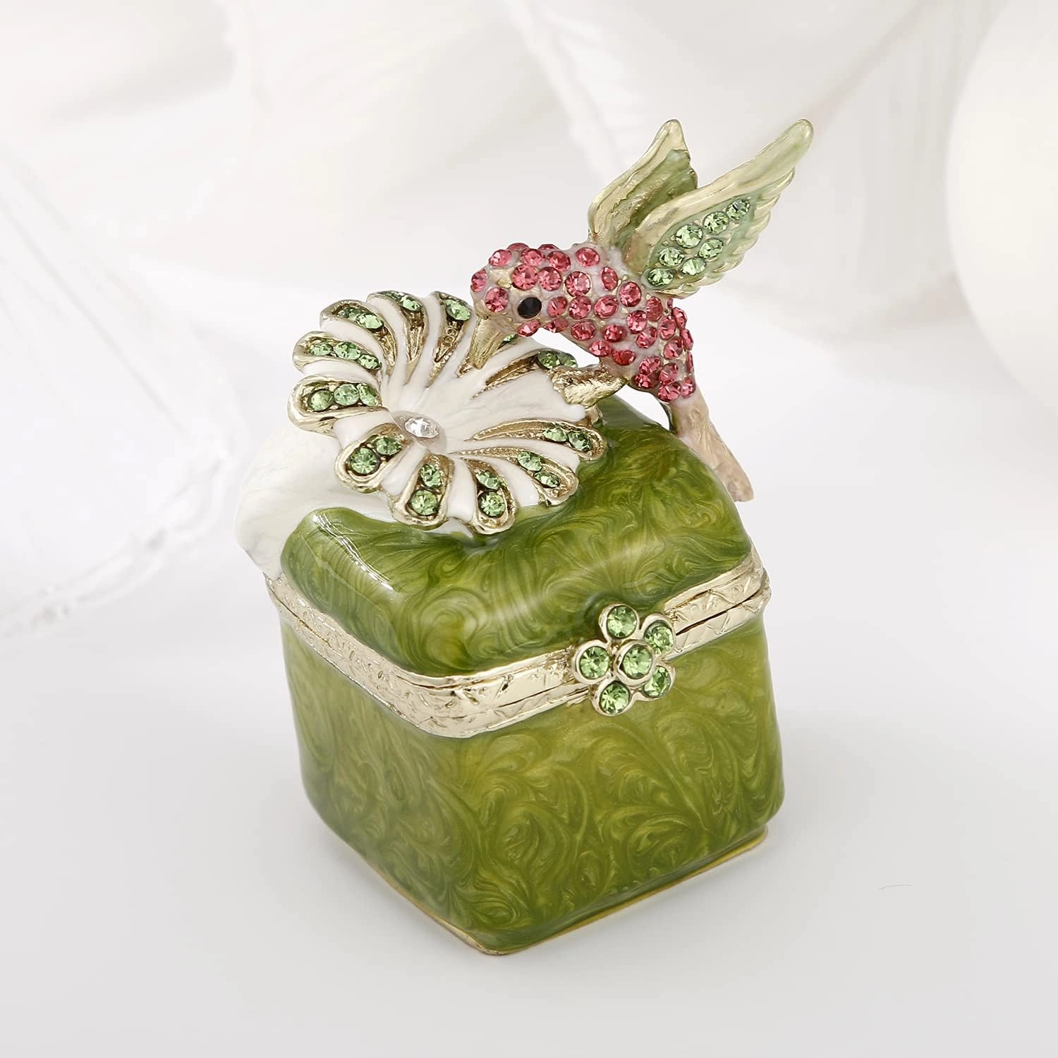 Hand Painted Enamel Hummingbird Trinket Box for Home Decor, Hinged Jewelry Organizer for Ring Earrings, Unique Figurine Keepsake Collectible Personalized Handmade Ornament Gifts (Green Hummingbird-3)